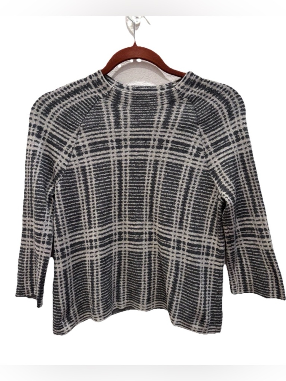 Eileen Fisher Plaid Wool Blend Sweater Gray Black Boxy S Spring Slow Fashion